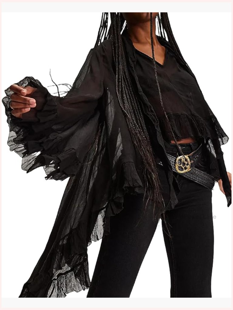 Women Long Bell Sleeve Frill Top See Through Sheer Mesh Blouse High Low Hem